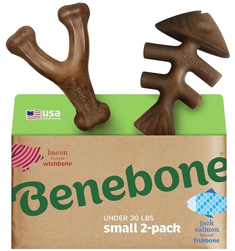 Benebone Lot de 2 Jouets à mâcher durables pour Chien, véritable Poisson, véritable Bacon, fabriqué aux États-Unis, Taille S