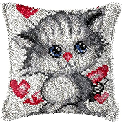 ROCKY&CHAO Ensemble de tapis à nouer soi-même avec coussins - 43 x 43 cm - Pour adultes et enfants - Accessoire de maison (amour chat gris)