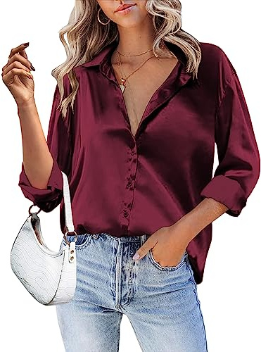 Zeagoo Women's Blouse Satin Silk Shirts Button Down Shirts Casual Loose Long Sleeve Office Work Tunic Tops Wine Red XL