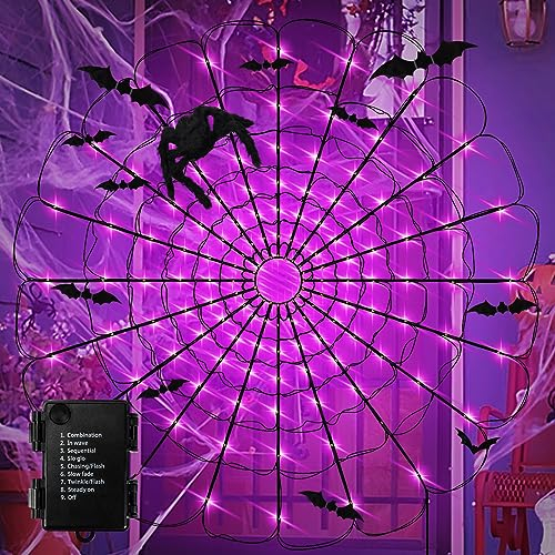 Guirnalda Luces de Telaraña Halloween Decoracion con 3 Arañas y 12 Piezas Murciélagos Pegatina, 80 LED 8 Modos Luces de Hadas 1,3 m de Diámetro Decoración Exterior para Fiestas en Casas Encantadas