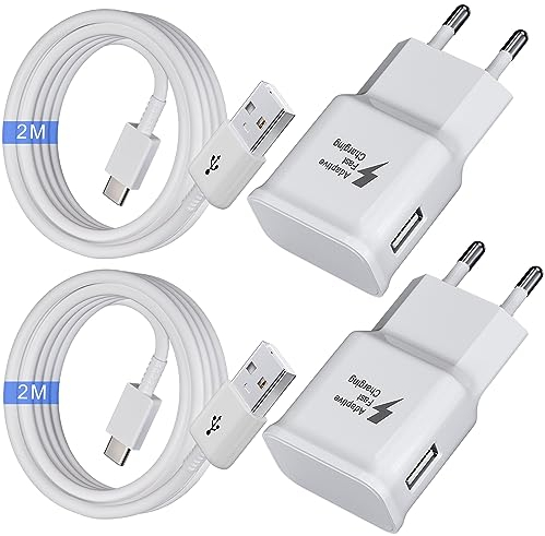 2-Pack Cargador USB, Cargador Rápido con Cable de Carga de 2M, Adaptador de Corriente Tipo C para Samsung Galaxy S10 S10+ S10e S9 S9+ S8 S8 Plus A54 A53 A51 A34 A20e A14 A13 M54 M53 M34 M33 M14 M13 5g