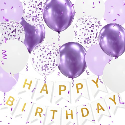 Happy Birthday Banner, Purple Birthday Decoration, 16 Pcs 12in Happy Birthday Balloons with 2 Ribbons for Men Women Girls and Boys Birthday Party Decoration