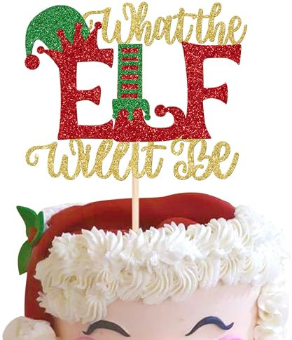 SYKYCTCY 1 Pack Christmas ELF Cake Topper Glitter Santa Hat Boots Cake Pick Decorations Willit Be Cake Decorations for Merry Christmas Xmas Theme Party Supplies