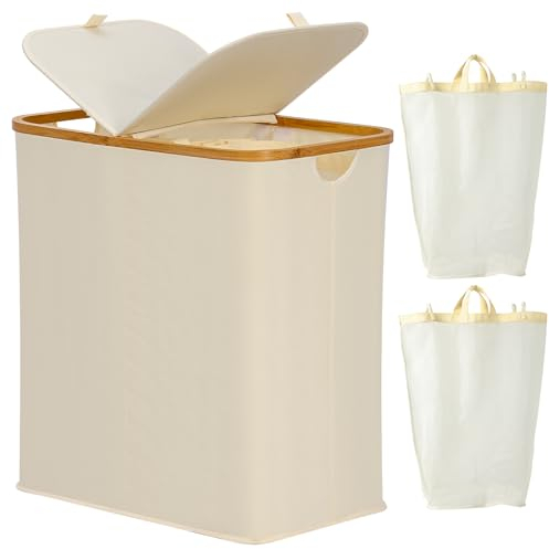 EDWINENE Wäschekorb 2 Fächern 130 Liter, Große Wäschekörbe für Wäsche mit Herausnehmbaren und Waschbaren Innensäcken, Wäschesammler mit Deckel und Griff für Schlafzimmer Waschküche Badezimmer (Beige)