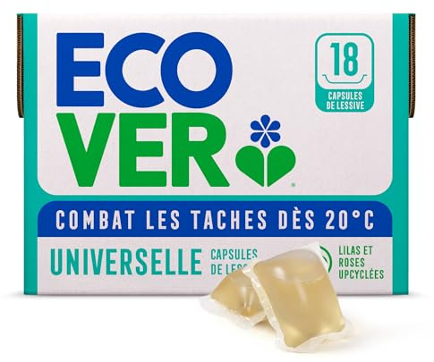 Ecover Lessive Capsules Universelle, Lessive liquide en Capsule, Combat les Tâches dès 20 degrés, Parfum Lilas & Rose, 18 Lavages