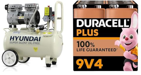 Hyundai HY7524 24 Litre Air Compressor, 5.2cfm/100psi, Silenced & Duracell Plus 9V Batteries (4 Pack) - Alkaline - 100% Life Guarenteed - Reliability for Everyday Devices