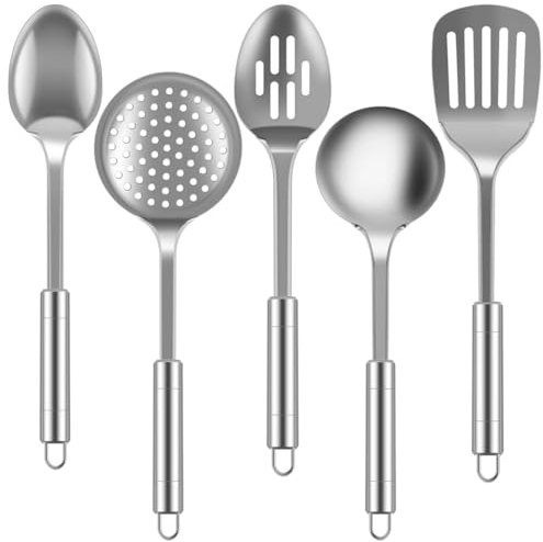 SameeHome Juego de utensilios de cocina de acero inoxidable, pala, utensilios de cocina, 5 piezas