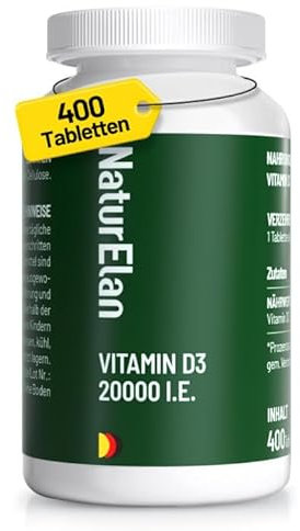 Vitamin D3 20000 I.E. Hochdosiert – 400 Tabletten im Jahresvorrat, Sonnenvitamin für Immunsystem, Vegetarisch, In Deutschland Produziert