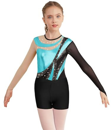 FEESHOW Kinder Gymnastikanzug Mädchen Turntrikot Glitzer Strass Metallic Patchwork Gymnastik Body Gymnastik Shorts Set Ballett Wettkampf Tanzoutfit Türkis&Schwarz 134-140