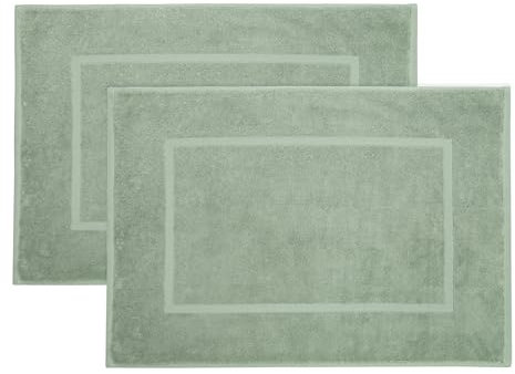ZOLLNER 2er Set Badematten in 50x70 cm - saugstarke und Flauschige Badvorleger aus Baumwolle - bis 60°C waschbar - für Fußbodenheizung geeignet - in Salbei - Hotelqualität