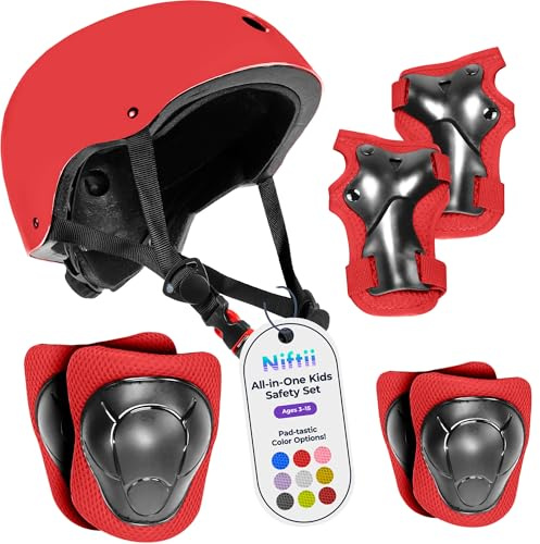 Niftii Kids Helmet with Pads - Adjustable Multi-Sport Complete Safety Gear for Cycling, Skateboarding & Scooting - Ideal for Boys & Girls Ages 3-15 - Kids Bike Helmet Set, Red
