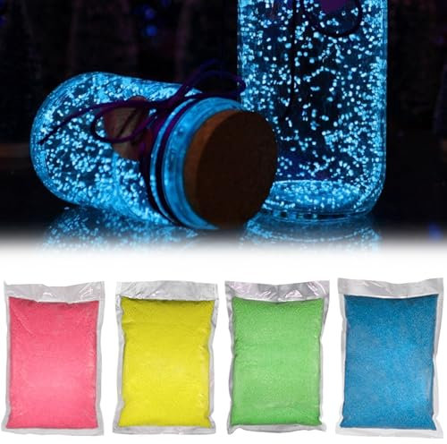 Glow in the Dark Sand 4 bolsas 10 g/bolsa reutilizable arena luminosa arena arena brillo brillo en las rocas oscuras deseando botella de grava decorativa para la decoración del jardín del hogar, deco