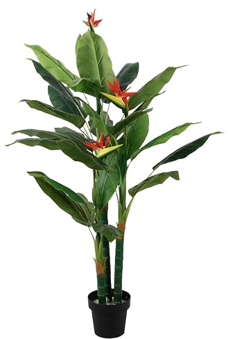 MichaelNoll Strelitzie med blomma, paradis fågelblomma, konstgjord växt, konstträd, konstgjord växt, dekoration, i svart kruka, mycket realistisk, grön (150 cm – MN-KP-2211)