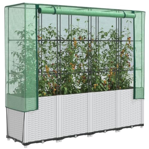 Hovothy Jardinière surélevée avec embout de serre, parterre à herbes, bac à fleurs pour jardin, jardinière avec serre, parterre de culture, parterre de légumes, blanc, 160 x 40 x 153 cm, PP