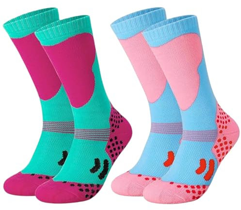 Amexo 2 Paar Skisocken Kinder Kniehoch Baumwolle Skistrümpfe für Jungen Mädchen Dicke Verstärkte Winter Sportsocken für Kinder Skifahren (DE/NL/SE/PL, Alter, Einheitsgröße, Regular, Blau + Grün)