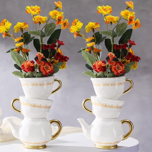 Tioncy Mini Teacup Bud Vase 5 Wonderland Tea Party Decorations Antique Vintage Kitchen Decor Whimsy Ceramic Vase Tea Party Favor for Wedding Gift Birthday Bridal Showers Home(2 Pcs)
