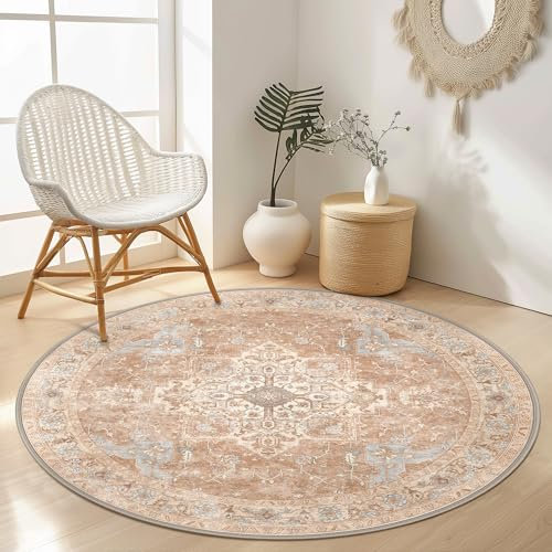 GENIMO Vintage Teppich Rund 120cm, Waschbare Teppiche, Boho Runder Teppiche, rutschfest Carpet, Bedruckter Teppich Schlafzimmer, Kinderzimmer