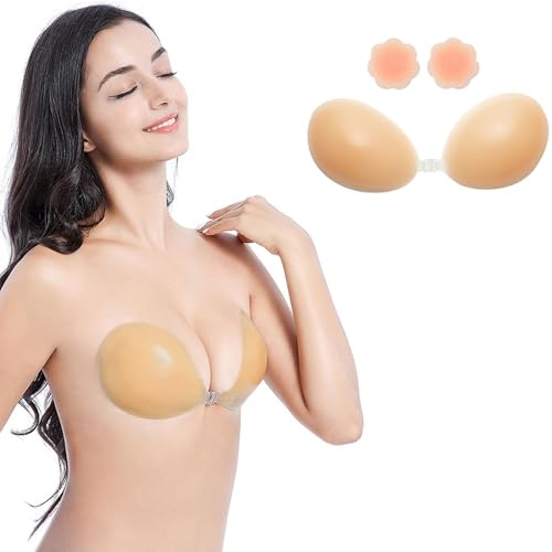 DODOING Upgrade Sticky Bra for Women - Strapless Stick on Bra, Invisible Backless Adhesive Bra with Strong Hold, Breathable Push Up Reusable Silicone Bra for Wedding/Deep V Dresses/Party (Nude-B)