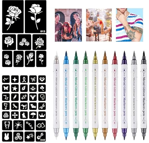 10 Piezas Bolígrafos Tatuaje Temporales, Rotuladores Tatuajes Temporales con 2 Plantillas de Tatuaje, Punta doble Marcadores para Tatuajes Temporales para Niños, Adultos