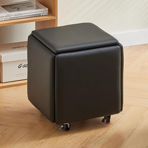 5 En 1 Anidación Otomana Silla De Cubo Taburetes Apilables Cuadrado De Cuero Banco Otomano Taburete Con Ruedas Juego Otomano De 5 Para Sala De Estar De D(Size:35x35x35cm/13.8x13.8x13.8in,Color:negro)