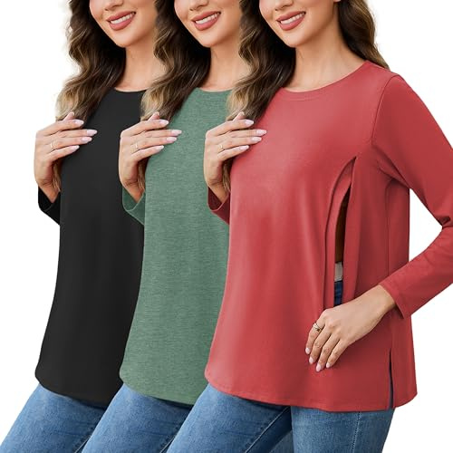 Love2Mi Lot de 3 t-shirts d'allaitement pour femme avec fermeture éclair T-shirt d'allaitement ample Mode de maternité Hauts Haut d'allaitement de grossesse, XXL