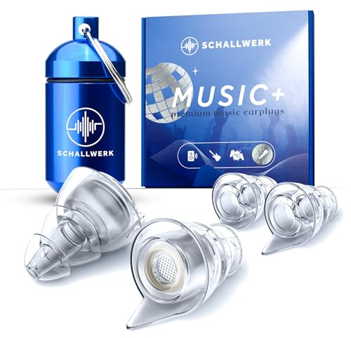 SCHALLWERK ® Music+ | Discreet Ear Protection Earplugs - Dampen Noise & Maintains Sound Quality - Transparent Ear Plugs - Earplugs Suitable for Music, Festival, Work & Learning