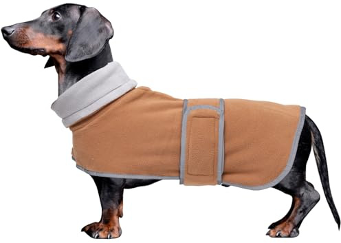 MOREZI Abrigo de Invierno para Perros, Forro Polar, Cuello Alto Plegable, con Hebilla de Hook Loop Ajustable, Apto para Perros pequeños y medianos como los Perros Salchicha-Marrón-XS