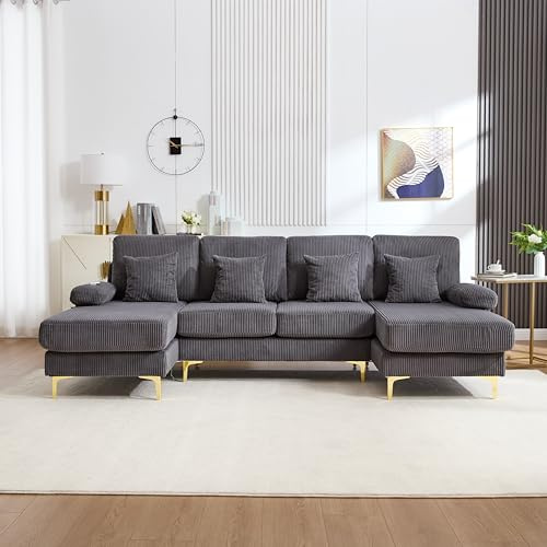 A ALFRESCOOL Modernes U-Sofa mit LED Ambientebeleuchtung, Massivholzrahmen, 4 luxuriöse Kissen & Ergonomische Premium Rückenlehne (Grau)