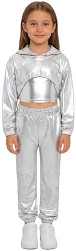 Kaerm Set di 3 Completi da Danza Hip Hop Bambine Ragazze Tuta da Ginnastica Artistica Hoodie Felpa con Cappuccio + Cannottiera + Pantaloni Abbigliamento da Jogging Argento 13-14 anni