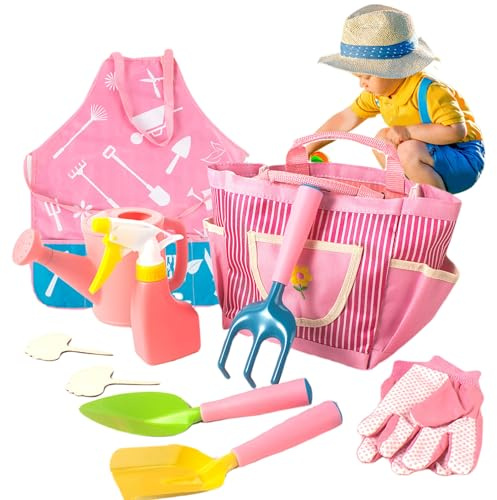 10 Unids/set Herramientas de Jardinería para Niños Colorido Juego de Jardinería para Niños con Rastrillo, Pala, Regadera, Delantal y Más DIY para Pequeños para Regalos de Juguetes al Aire Libre