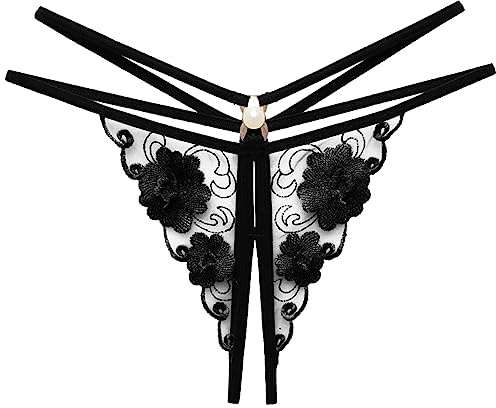 Générique Culotte String Femmes Sensuelle à Motif Floral avec Perles Massantes et Découpe Élégante pour Une Séduction (Black, One Size)