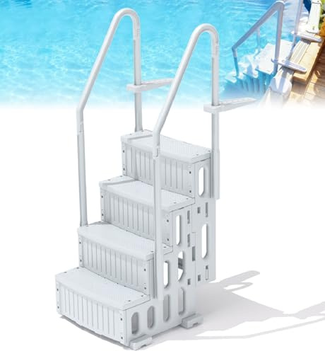 ROMIVO Scaletta per Piscina a 4 gradini, scala per Piscina Interrata 122 a 142cm con Doppio Corrimano, Gradini Antiscivolo per Carichi Pesanti, Carico 180kg, 86 x 80x 198cm