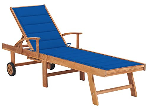Tomostar Bain de Soleil, Chaise Longue Jardin Extérieur Transat pour Piscine avec Coussin Bleu Royal Bois de Teck Solide