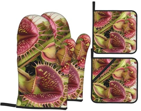 Carnivorous Plant Printed Kitchen Baking 4 - Piece Set - Heat Resistant Oven Mitts for Cooking, Grilling, and Holiday Baking