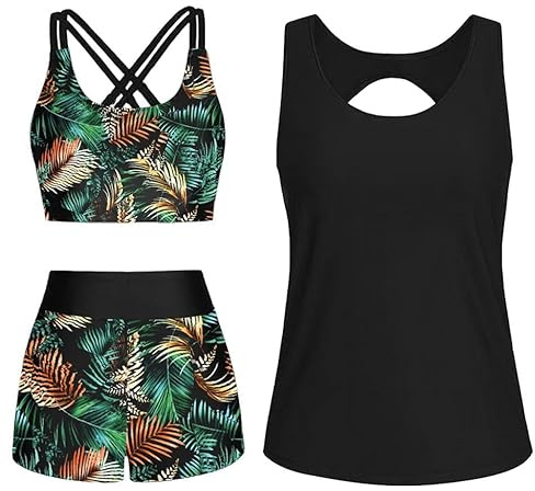 Joligiao 3-delat tankini-set för kvinnor baddräkt magkontroll tankini baddräkt plus size badkläder tillbaka ihålig tankini-topp justerbar bikinitopp med hög midja badshorts, Svart med grönt tryck, XL