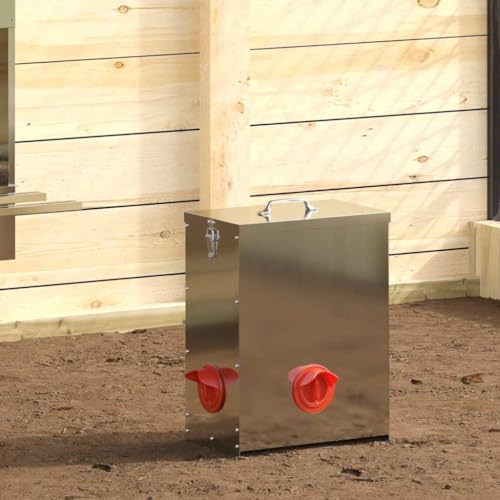 Distributore di cibo per polli in metallo, 2 pezzi con capacità di 25 kg e coperchio serratura per giardino e terrazza come mangiatoia per polli in acciaio