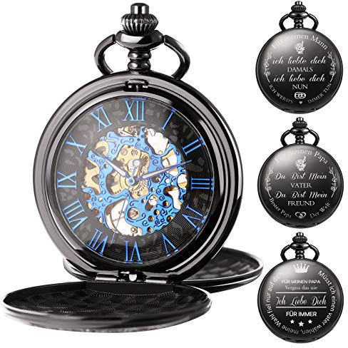 TREEWETO Herren Taschenuhr Personalisiert Gravur Taschenuhr mit Kette Klassische Jahrgang Mechanische Geschenke Geschenk zum Geburtstag Vatertag Vater Vatertagsgeschenk, Schwarz