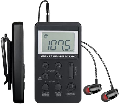 Portable AM/FM Pocket Radio with Digital Tuning LCD Display, SWDSTP Rechargeable Mini Radio with Stereo Earphone and Removable Belt Clip for Walking, Jogging