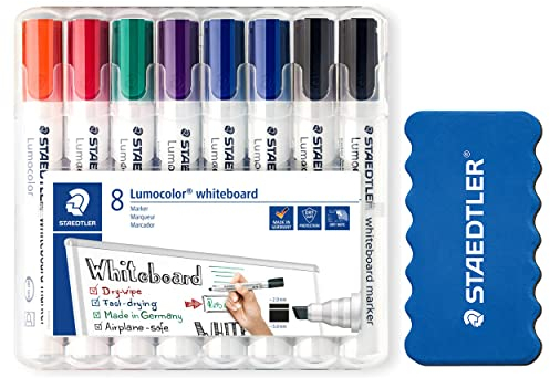 STAEDTLER Whiteboard-Marker Lumocolor, Keilspitze ca. 2 oder 5 mm Linienbreite, trocken und rückstandsfrei abwischbar, hohe Qualität, Set mit 8 Markern inkl. Whiteboard Schwamm, 351BWP8XP1X