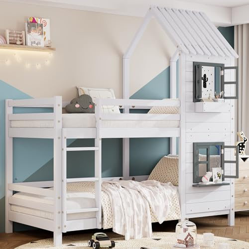 Merax Lit superposé 90 x 200 cm - Protection Contre Les Chutes et échelle, lit de Maison avec Main Courante et fenêtre - Lit Simple pour Enfant avec sommier à Lattes, Cadre en pin, Blanc