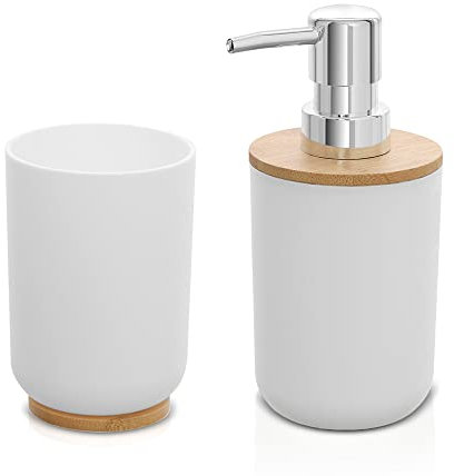 Inbagno Set Accessori Bagno Bianco, 2 Pezzi, Dispenser e portaspazzolini, ABS e Legno bambù, Linea Surf