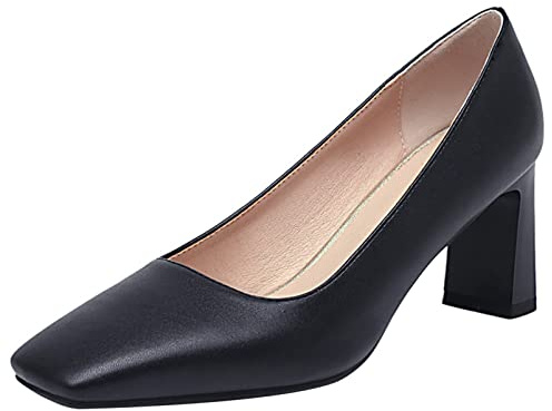 Donna Décolleté con Tacco a Blocco Square Toe Pompe di Moda Senza Chiusura Scarpe da Festa con Tacco Alto, 12209Uiu Nero Numero 48 EU