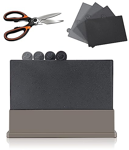 OZD Chopping Board Set, 4PCS Plastic Chopping Board with Stand and Food Icons, Non Slip Cutting Board for Kitchens, BPA-Free Cutting Boards for Vegetables, Fruit, Meat, Non-Porous, Dishwasher Safe