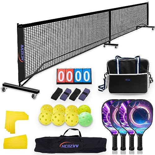 Pickleball Set mit Netz, Inklusive Tragbares Pickleball-Netz auf Rädern, 4 Schläger, 8 Picklebälle, Anzeigetafel, 4 Griffbänder, Spielfeldmarkierung, Seesack und Pickleballtasche