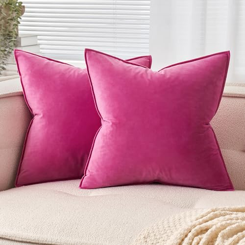 EMEMA Samt Kissenbezug Kissenhülle 40x40 cm Dekorative Sofakissen Dekokissen Umwickelte Kante 2er Set Kissenbezüge Zierkissenbezug für Sofa Wohnzimmer Schlafzimmer Rose Rot