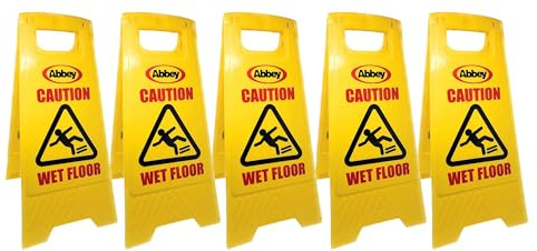 Abbey Pack of 5 Warning Caution Wet Floor Sign Yellow 640mm Height – Cleaning in Progress Floor Sign Printed on the Other Side – Mini Wet Floor Sign Ideal for Commercial Business use