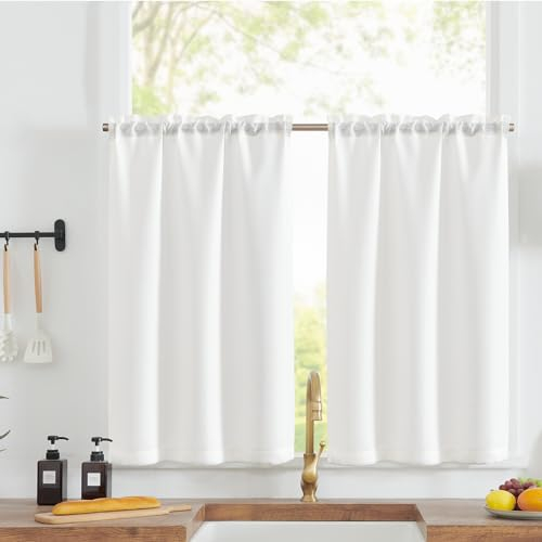 TOPICK Scheibengardinen Küche Weiß Bistrogardine mit Tunnelzug Modern Gardinen Kurz Lichtdurchlässig Leinenoptik Küchengardinen für Kleine Fenster Wohnmobil Küchenfenster 2er Set 60H x 70B cm