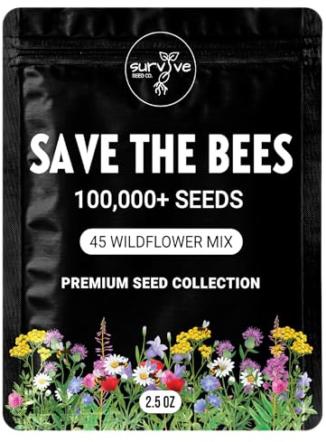 Package of 100,000 Wildflower Seeds - Save The Bees Wild Flower Seeds Collection - 45 Varieties of Pure Non-GMO Flower Seeds for Planting Including Milkweed, Poppy, and Lupine