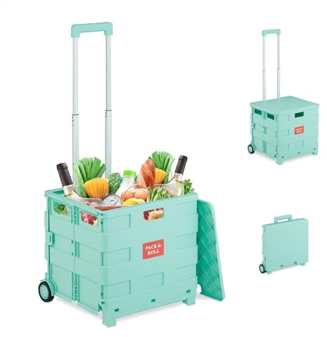 Relaxdays Einkaufstrolley, klappbar, Einkaufskorb mit Rollen, mit Deckel & Teleskopgriff, bis 35 kg, Rollkiste, türkis