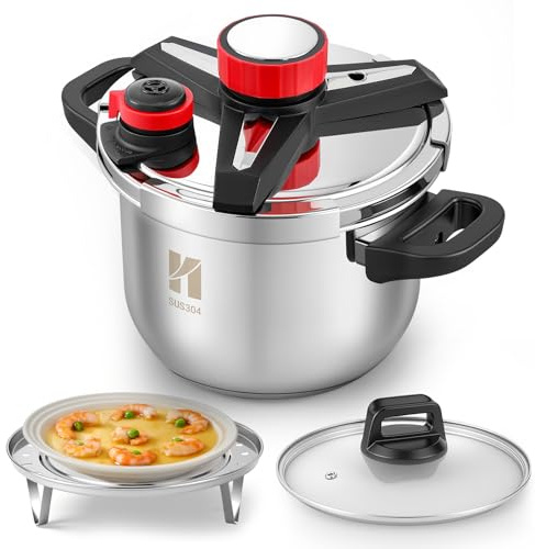 Huanyu 3-in-1-Schnellkochtopf 6 Liter Edelstahl-Schnellkochtopf mit Dampfgarer und Glasdeckel Explosionsgeschützter Schnellkochtopf, geeignet für alle Herdarten (6 L)
